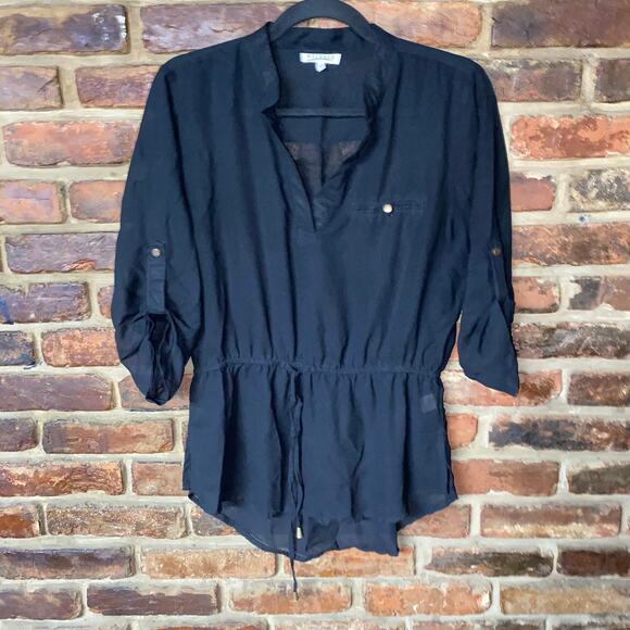 Mileage Black Sheer 3/4 Roll Tab Sleeve Cinched Tie Waist Blouse Women's Large - Picture 1 of 6